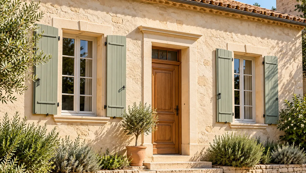 Façade claire avec volets sauge et porte en bois dans un cadre provençal.